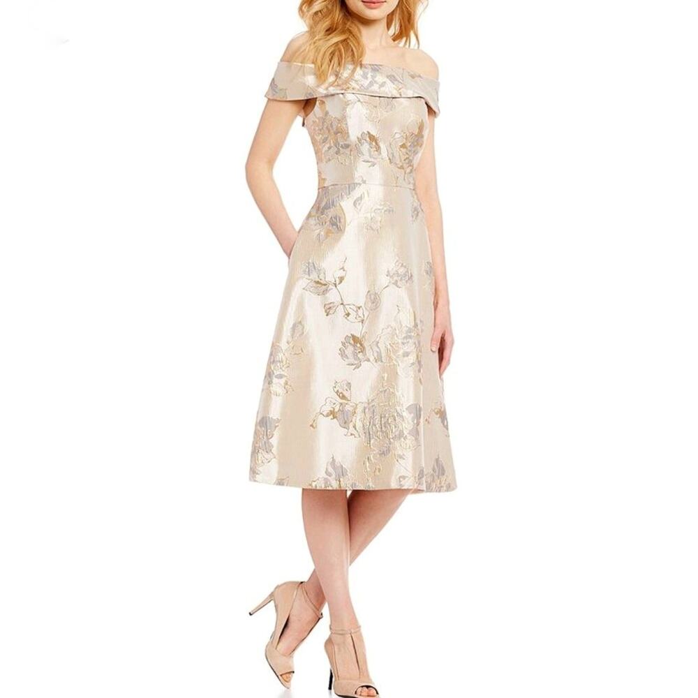 Calvin Klein Women's Metallic Off The Shoulder Cocktail Evening Dress Size 4